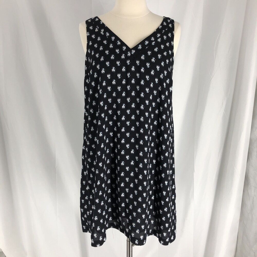 Loft Dress Women's Medium Floral V-Neck Sleeveless Shift Short Printed Black